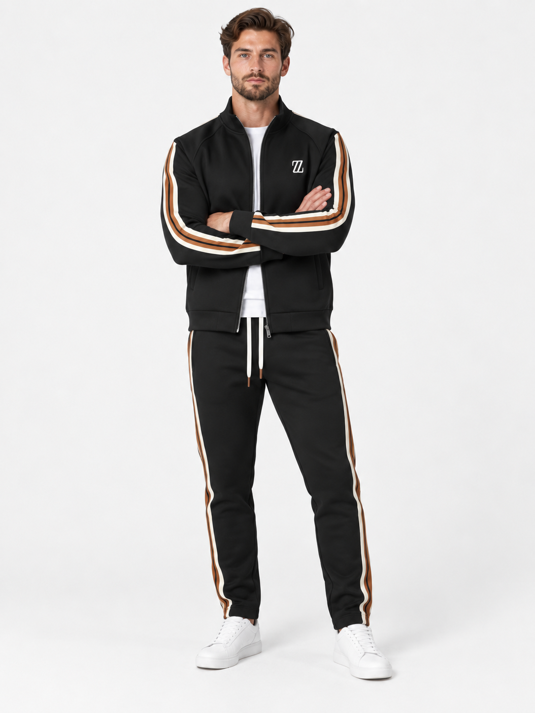 Men Full Zip Stripe Tracksuit Set