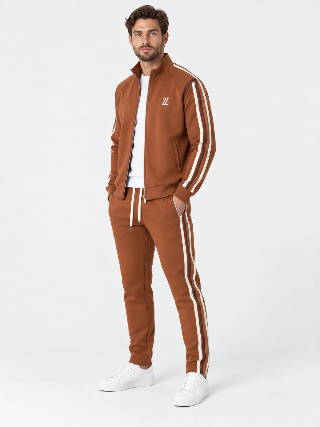 Men Full Zip Stripe Tracksuit Set
