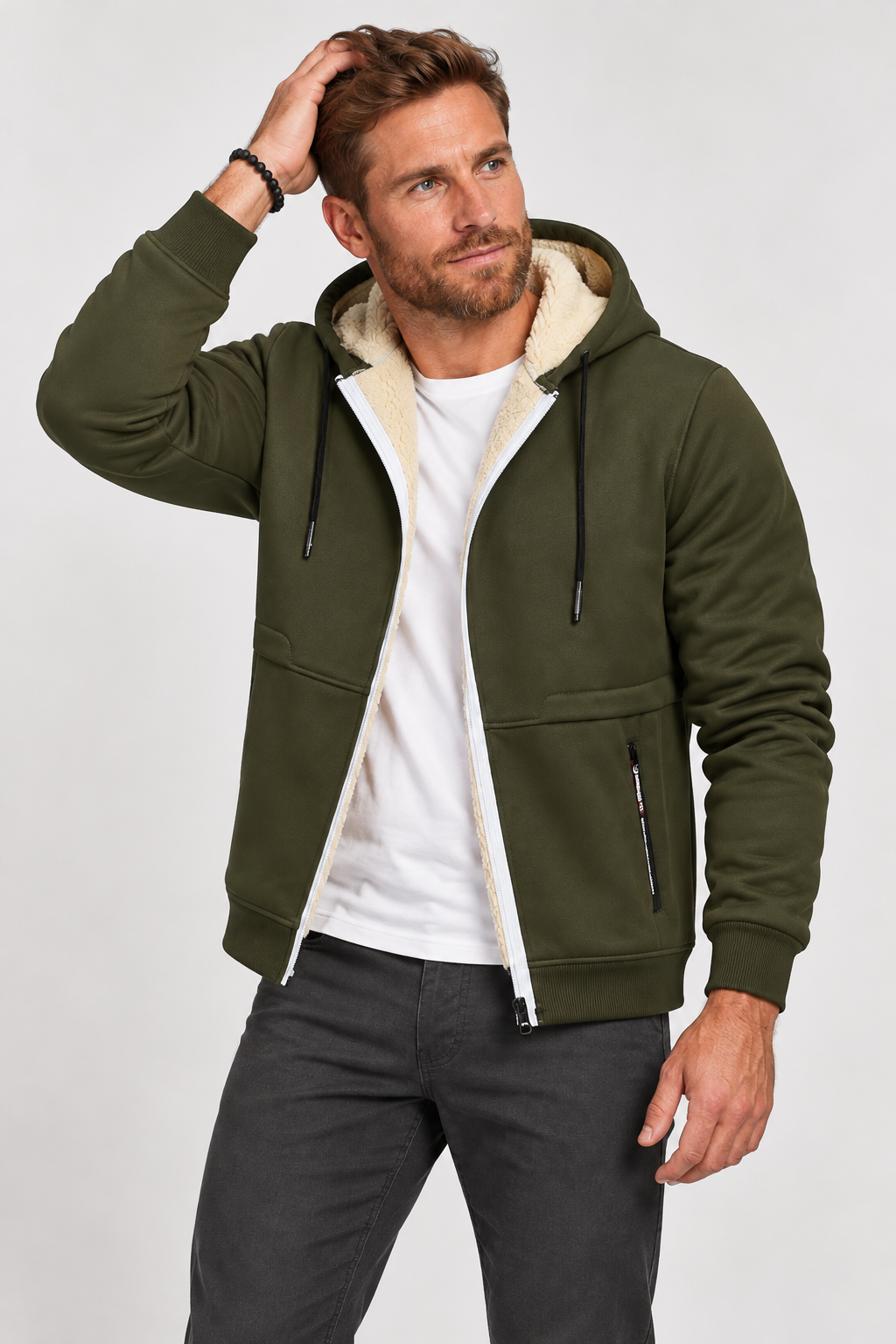 Giacca con cappuccio da uomo foderata in pile sherpa