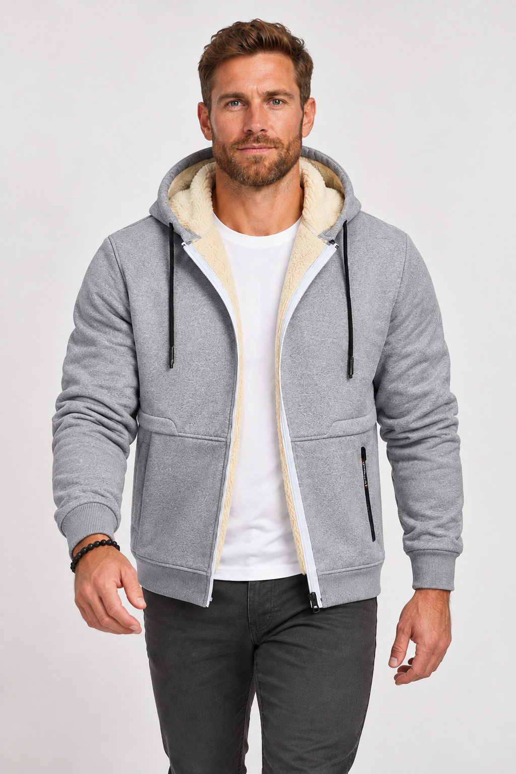 Giacca con cappuccio da uomo foderata in pile sherpa