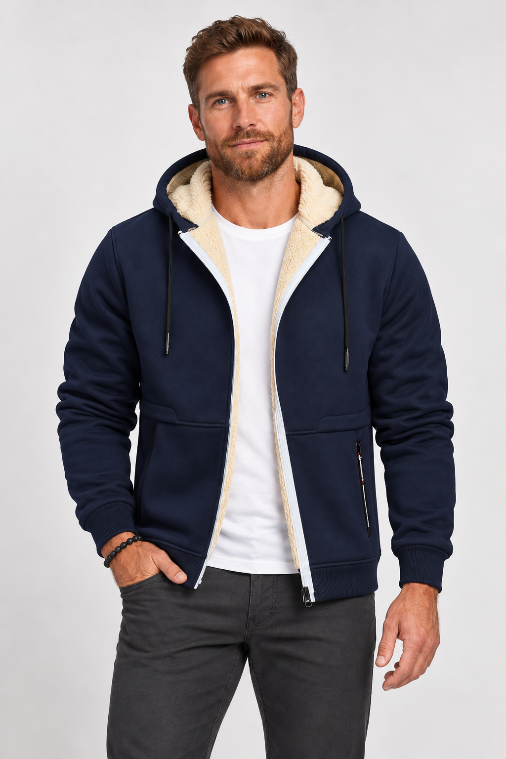 Giacca con cappuccio da uomo foderata in pile sherpa