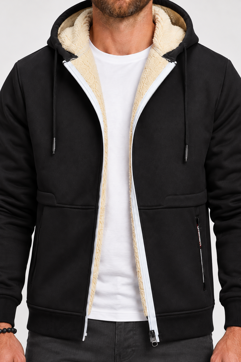 Giacca con cappuccio da uomo foderata in pile sherpa