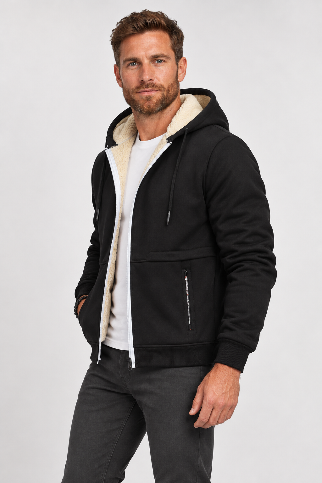 Giacca con cappuccio da uomo foderata in pile sherpa
