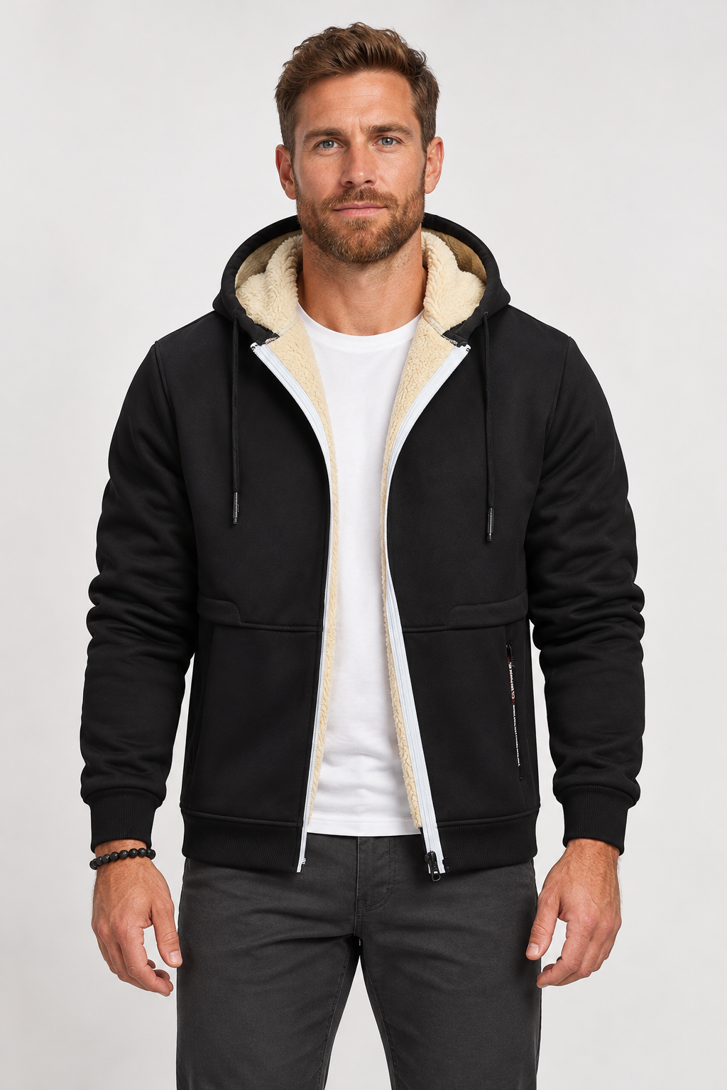 Giacca con cappuccio da uomo foderata in pile sherpa