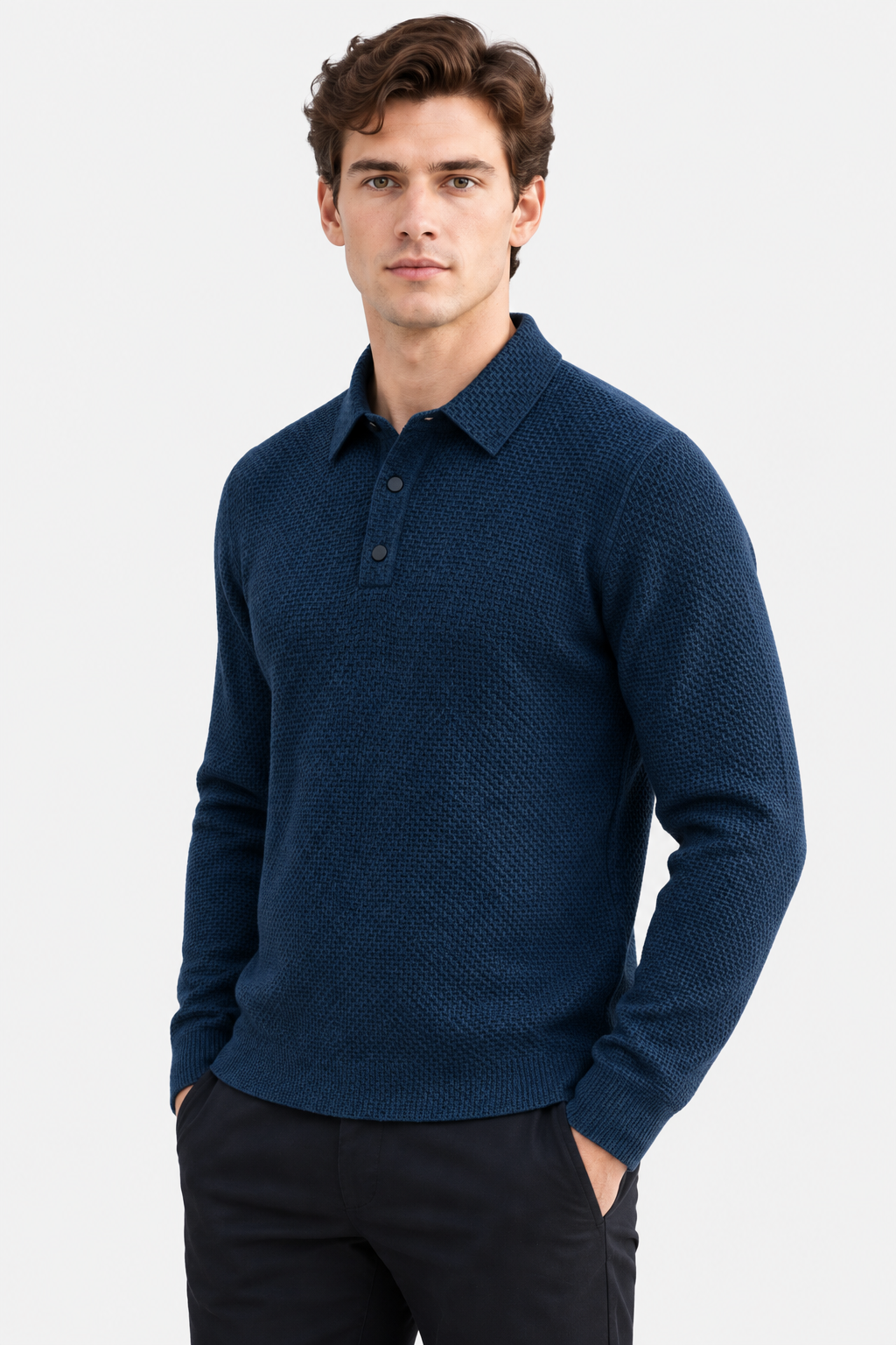 Men Textured Knitted Polo Shirt Long Sleeve