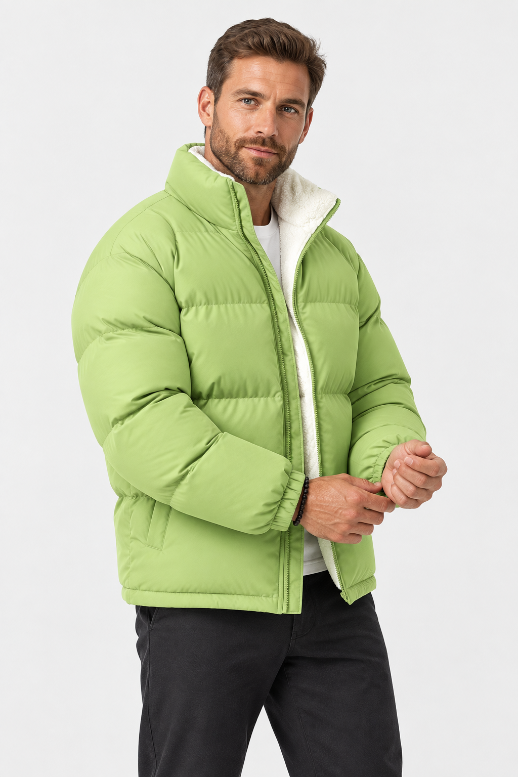 Men Fleece Lined Puffer Jacket Stand Collar