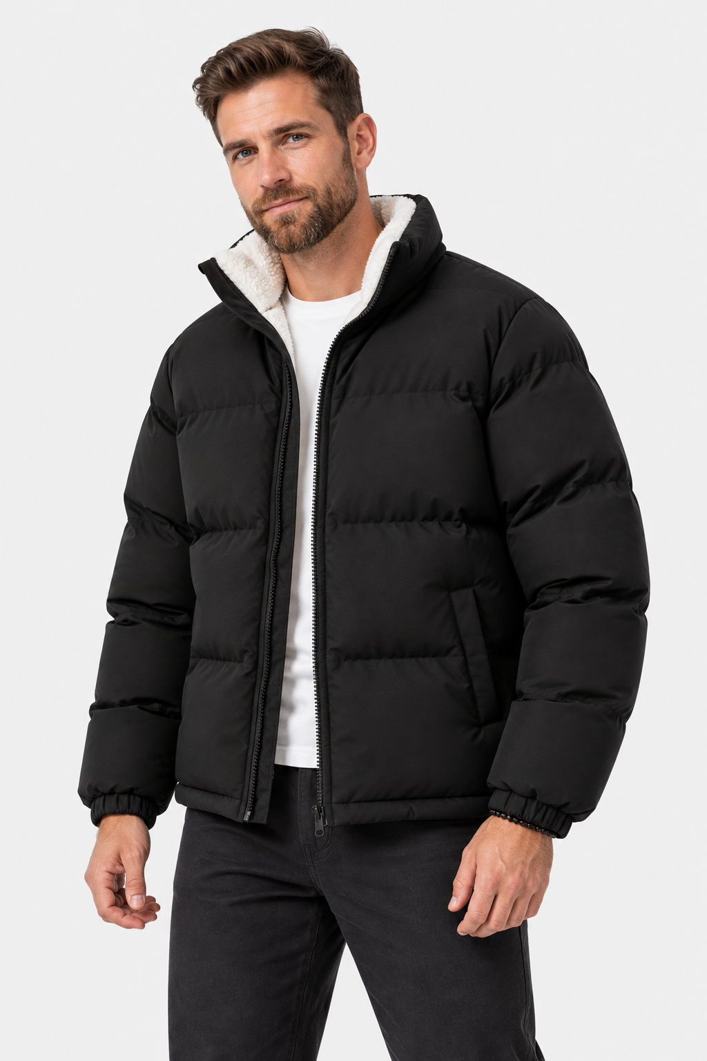 Men Fleece Lined Puffer Jacket Stand Collar