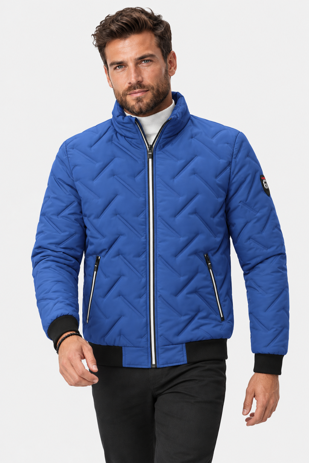 Men Quilted Stand Collar Bomber Jacket