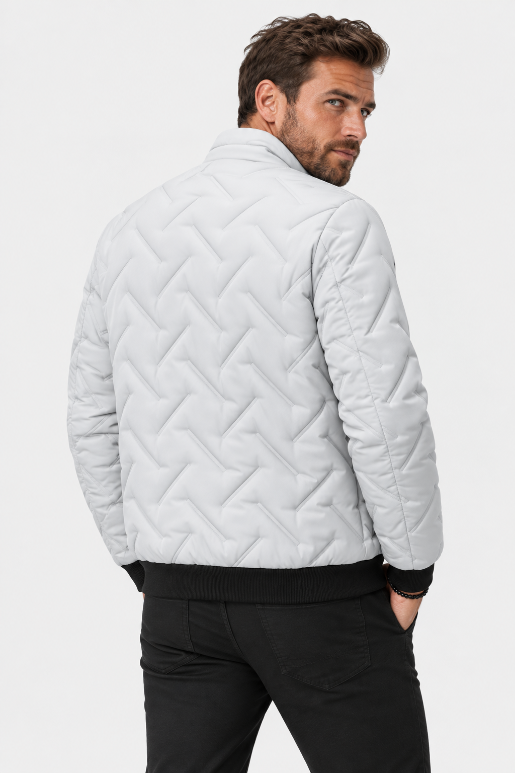 Men Quilted Stand Collar Bomber Jacket