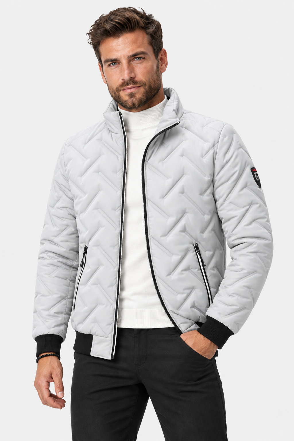 Men Quilted Stand Collar Bomber Jacket