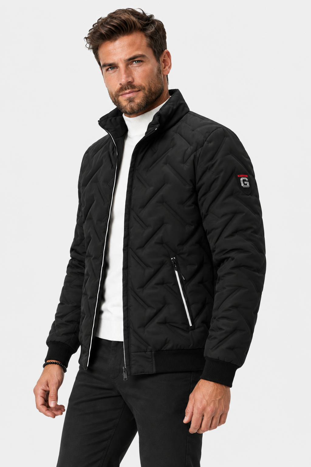 Men Quilted Stand Collar Bomber Jacket