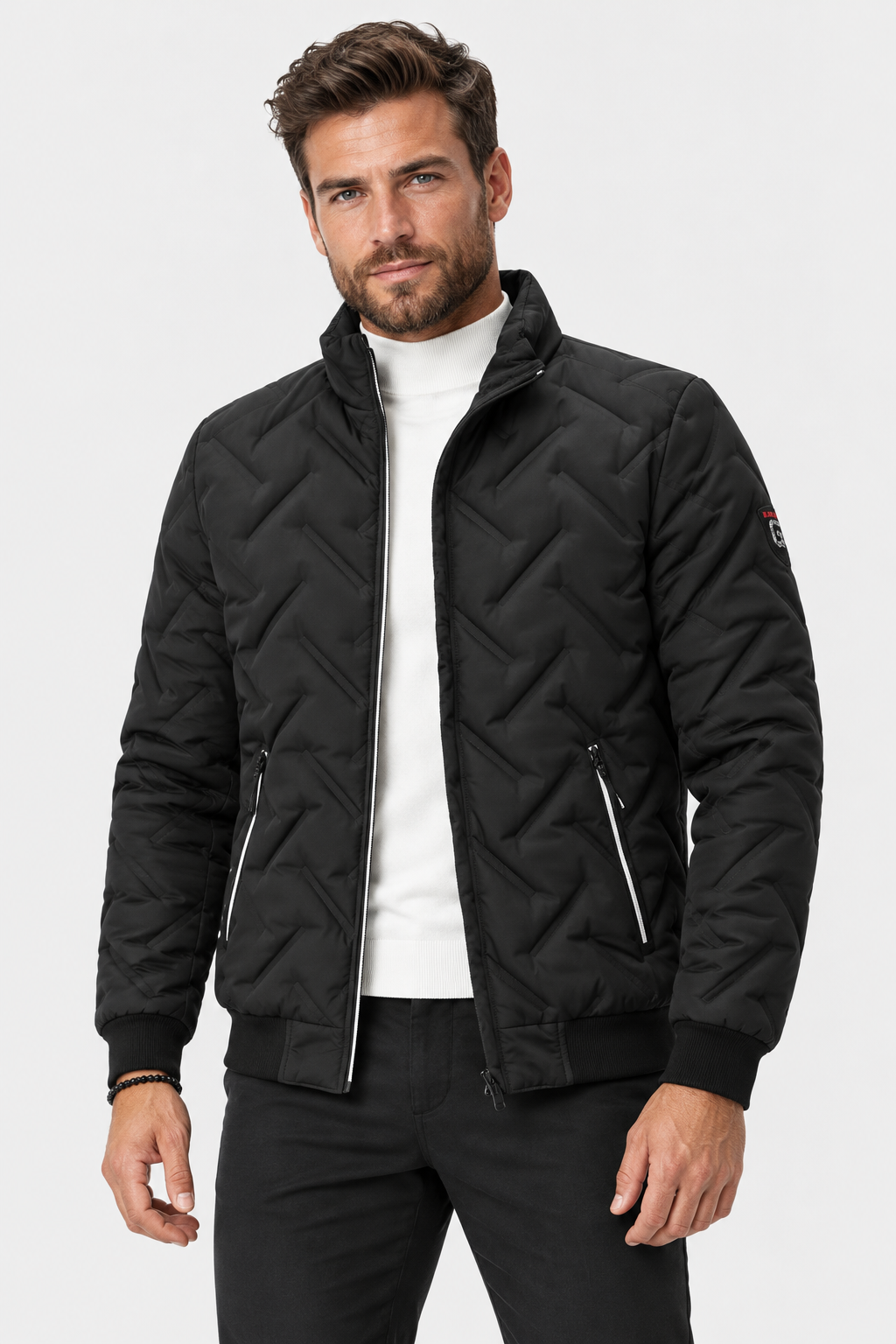 Men Quilted Stand Collar Bomber Jacket