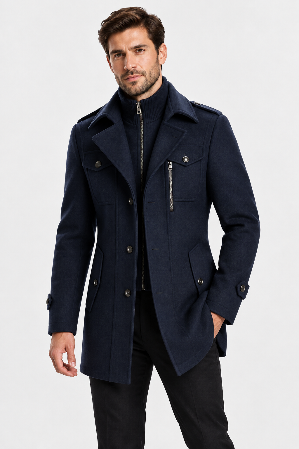 Men Wool Coat Knit Funnel Collar