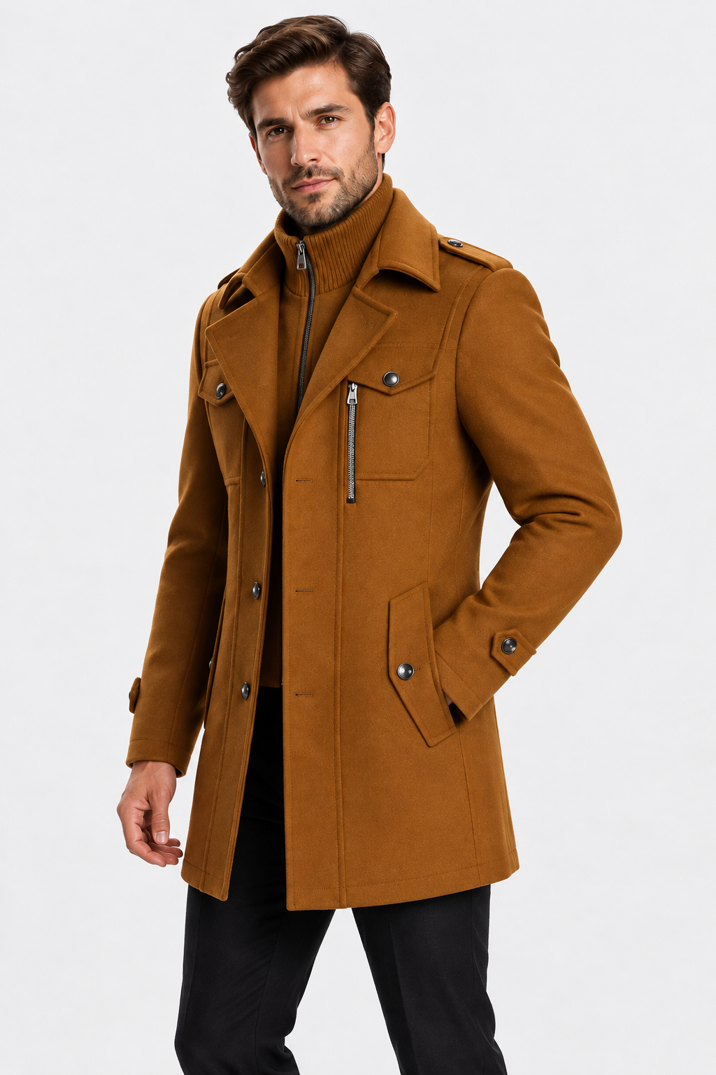 Uomo Cappotto Lana Collo a Imbuto Maglia