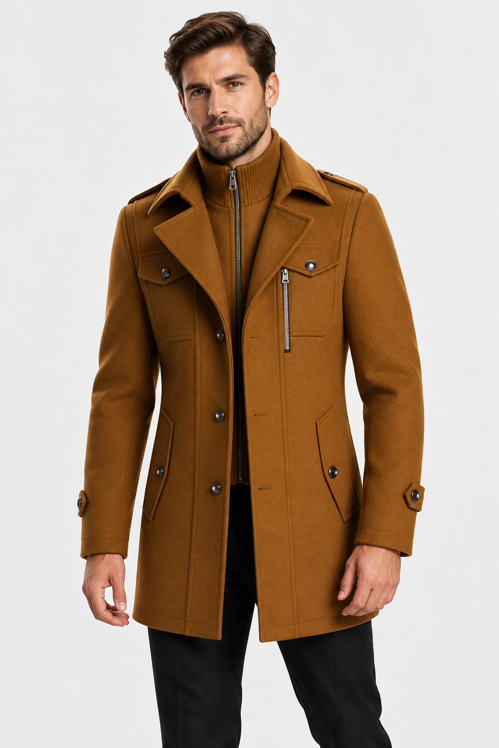 Men Wool Coat Knit Funnel Collar