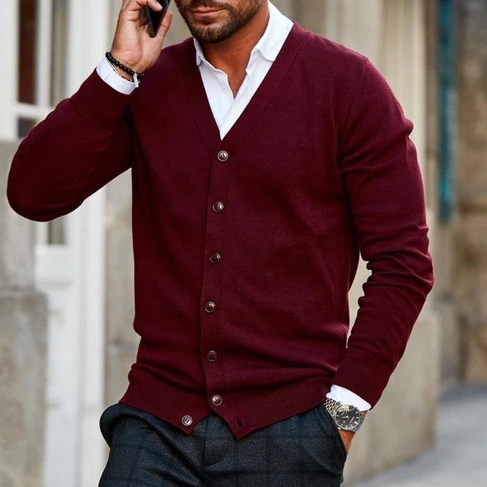 Nigel Button Front V Neck Cardigan in Burgundy