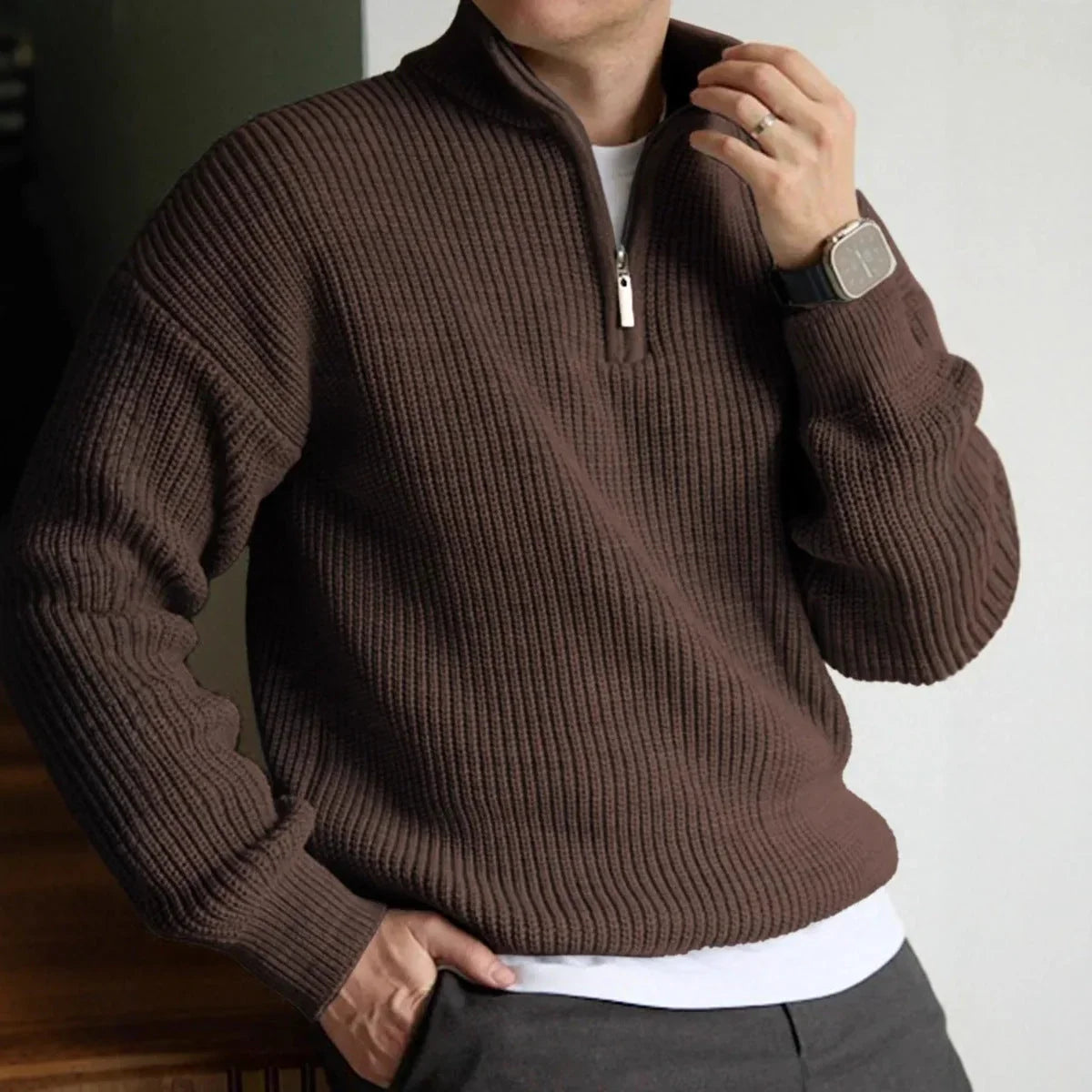 Ross Heavyweight Quarter Zip Pullover in Brown