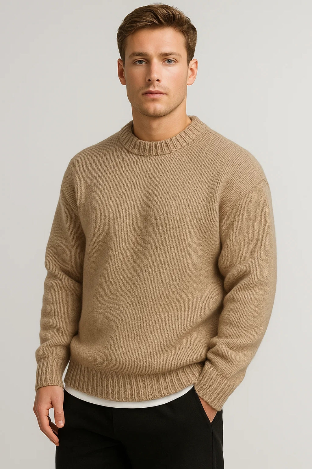 Thomas Chunky Crew Neck Jumper in Beige