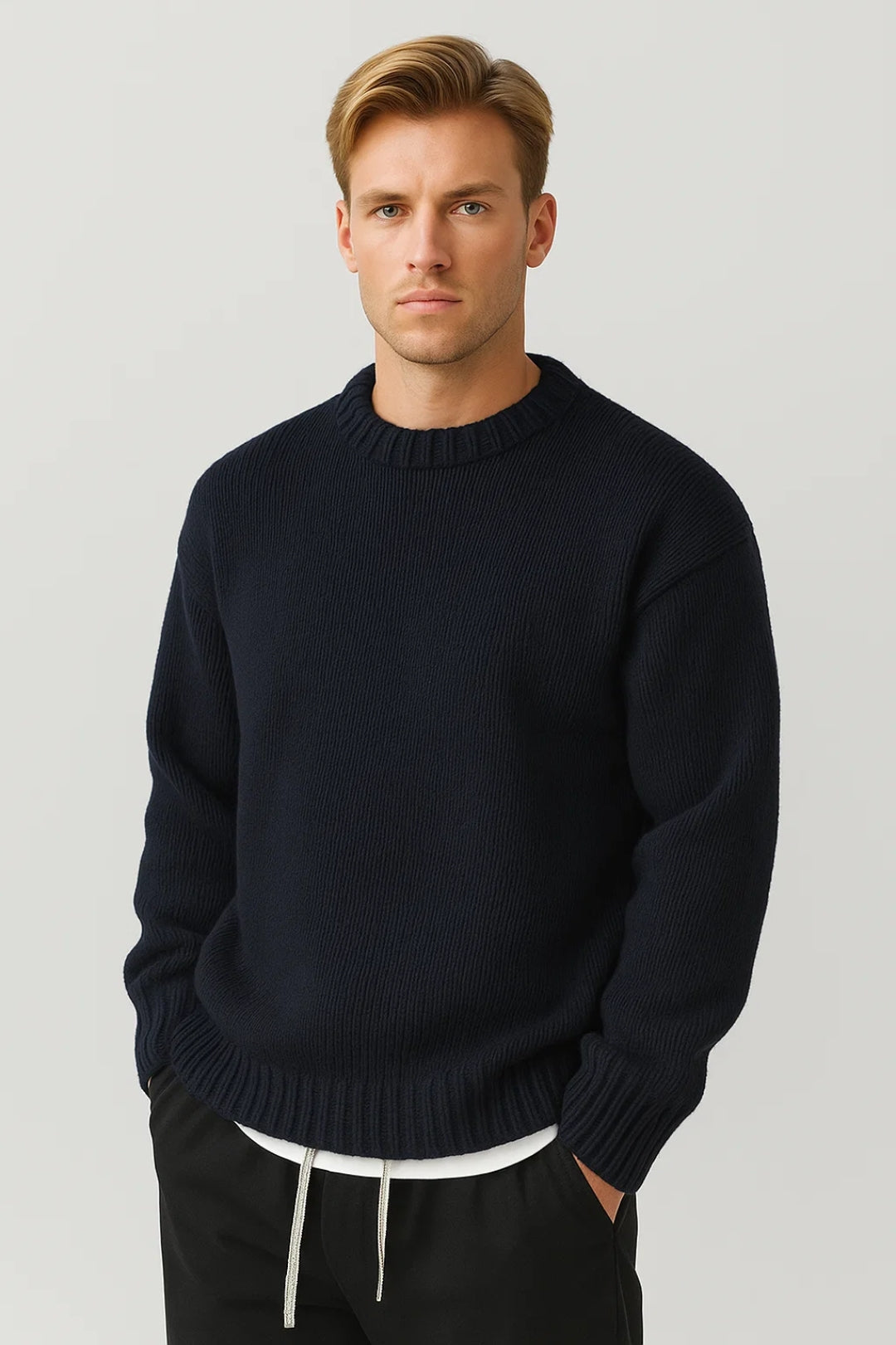 Thomas Chunky Crew Neck Jumper in Navy