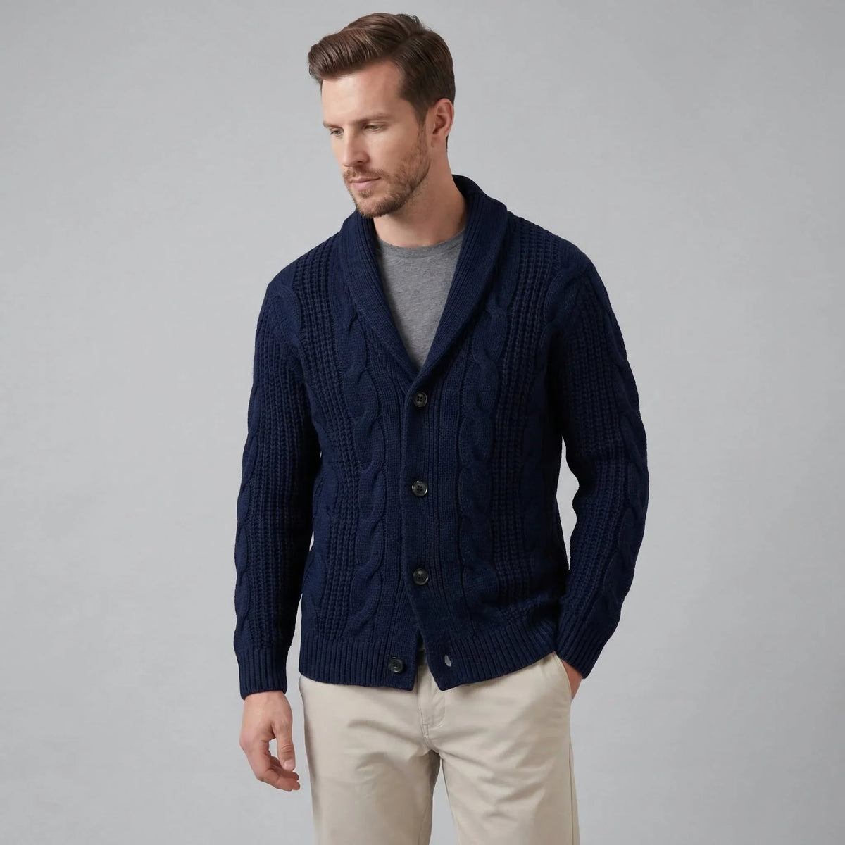 Timothy Cable Knit Shawl Collar Cardigan in Navy