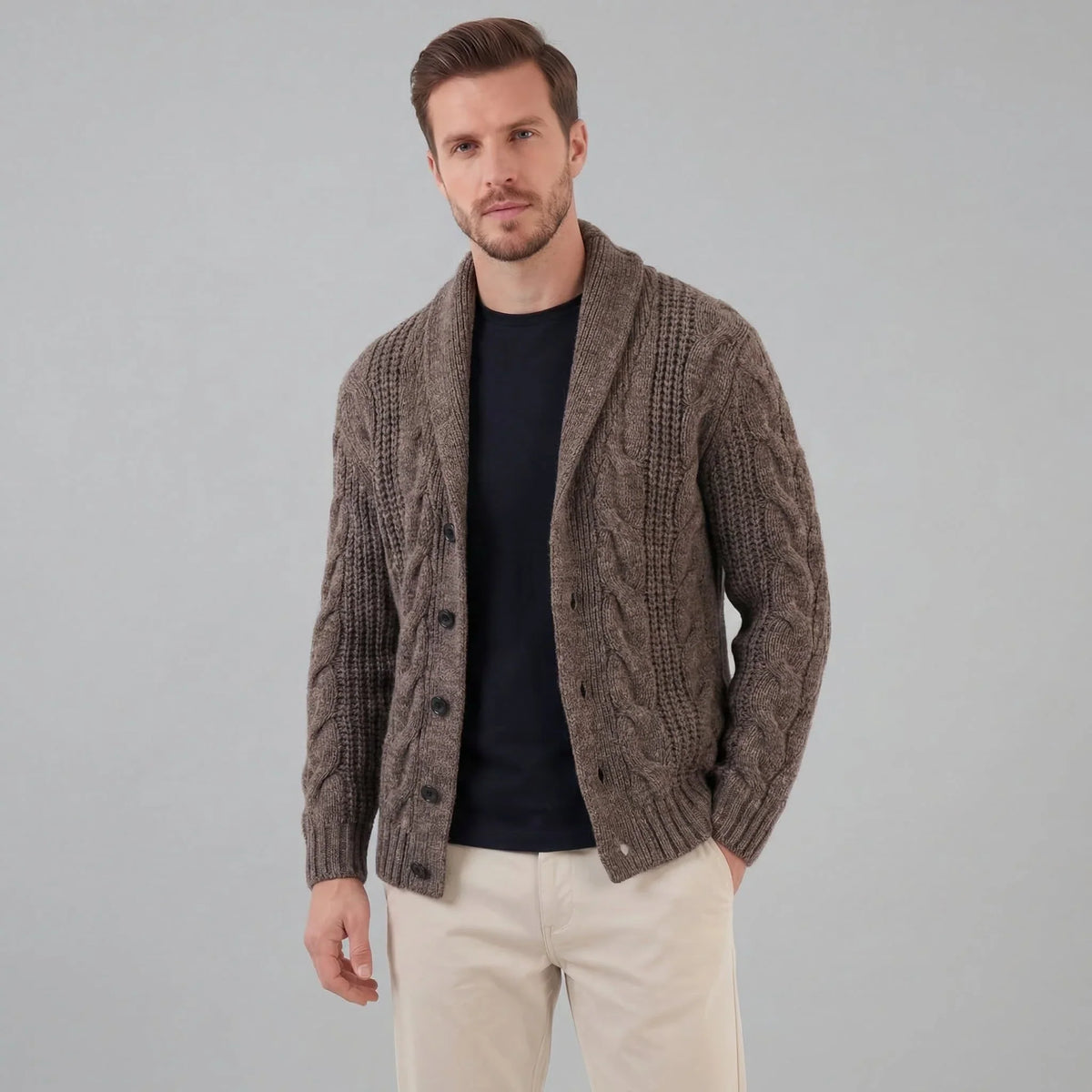 Timothy Cable Knit Shawl Collar Cardigan in Brown