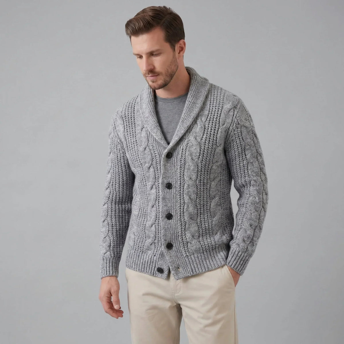 Timothy Cable Knit Shawl Collar Cardigan in Light Grey
