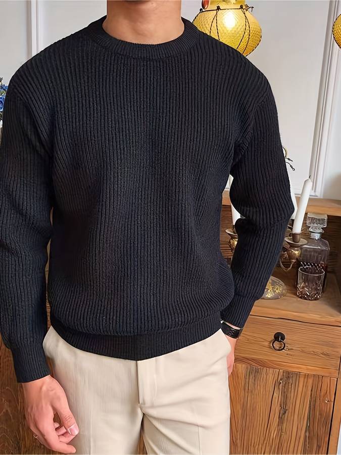 Norman Ribbed Knit Crew Neck Jumper in Black