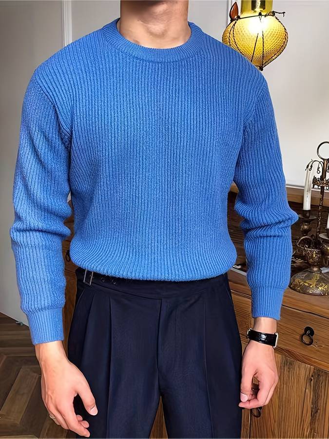 Norman Ribbed Knit Crew Neck Jumper in Blue