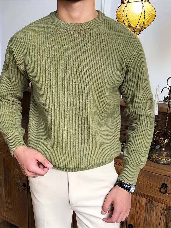 Norman Ribbed Knit Crew Neck Jumper in Olive Green