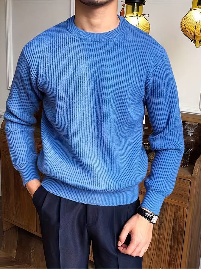Norman Ribbed Knit Crew Neck Jumper in Blue