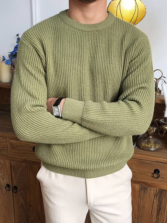 Norman Ribbed Knit Crew Neck Jumper in Olive Green