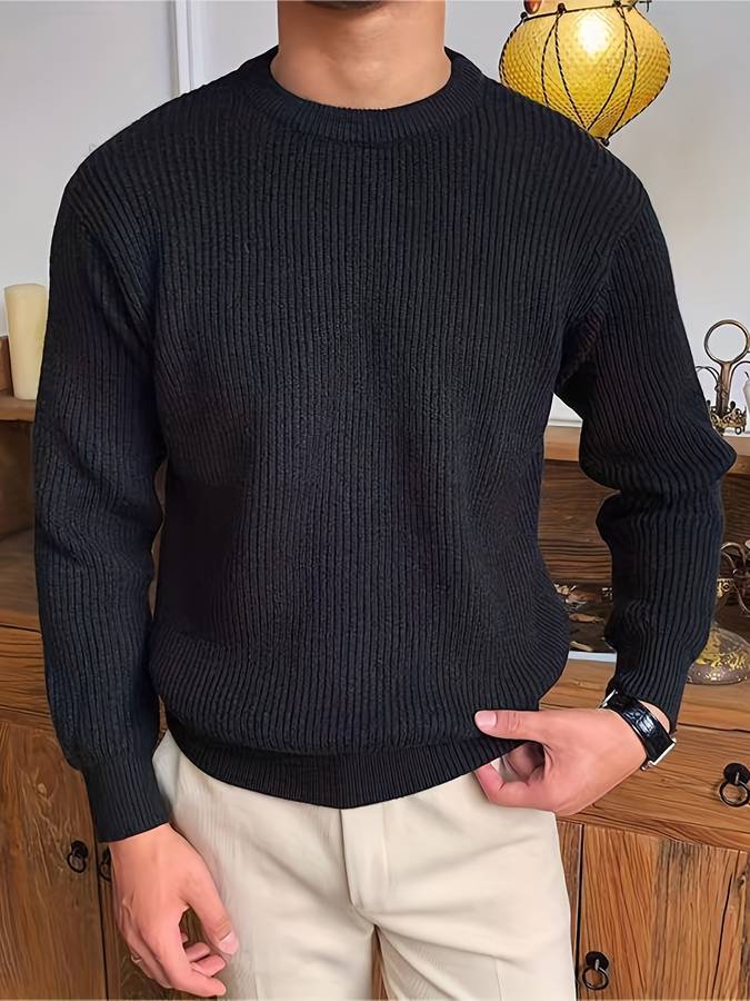 Norman Ribbed Knit Crew Neck Jumper in Black