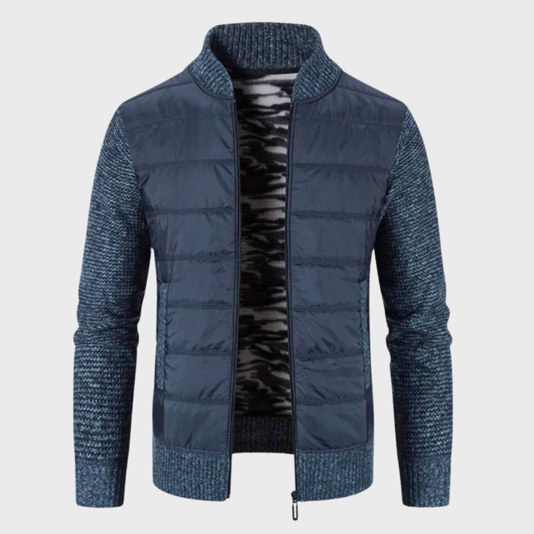 Glenn Quilted Front Knit Sleeve Zip Jacket in Blue