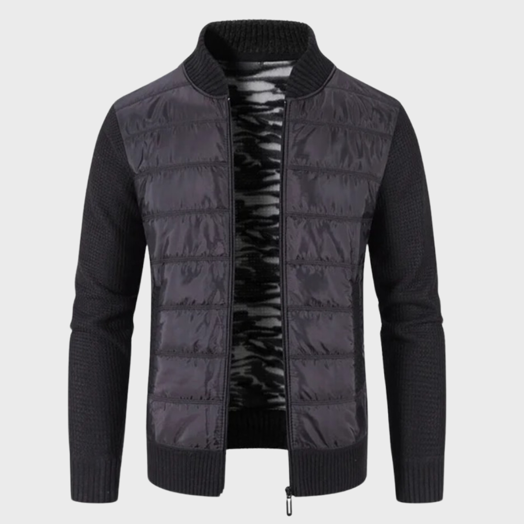 Glenn Quilted Front Knit Sleeve Zip Jacket in Black
