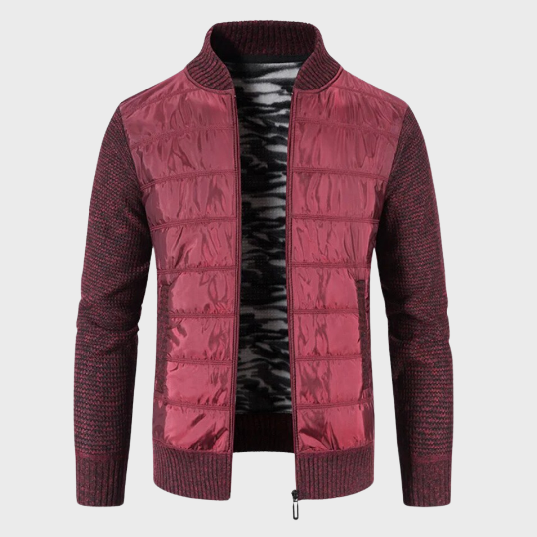 Glenn Quilted Front Knit Sleeve Zip Jacket in Red
