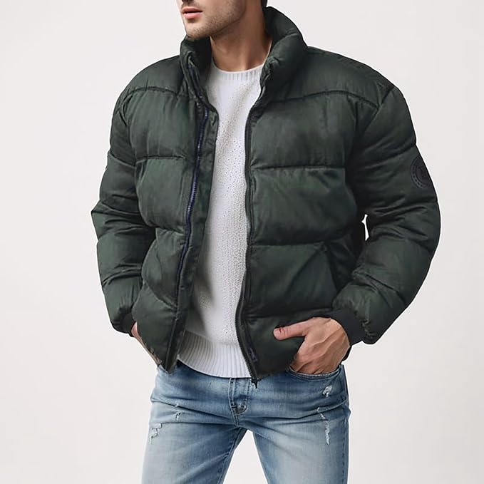 Hudson Stand Collar Padded Bomber Jacket in Dark Green