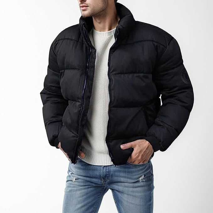 Hudson Stand Collar Padded Bomber Jacket in Black