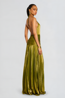 Aurelia metallic pleated halter maxi dress