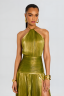 Aurelia metallic pleated halter maxi dress