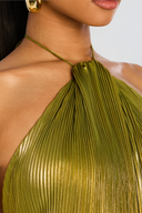 Aurelia metallic pleated halter maxi dress