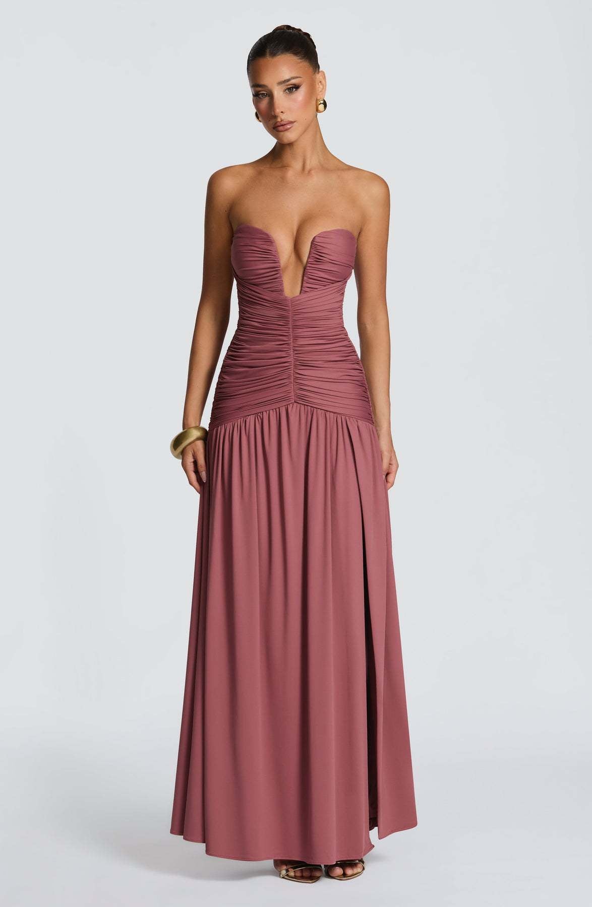 Sorelliane gathered bustier slit maxi dress