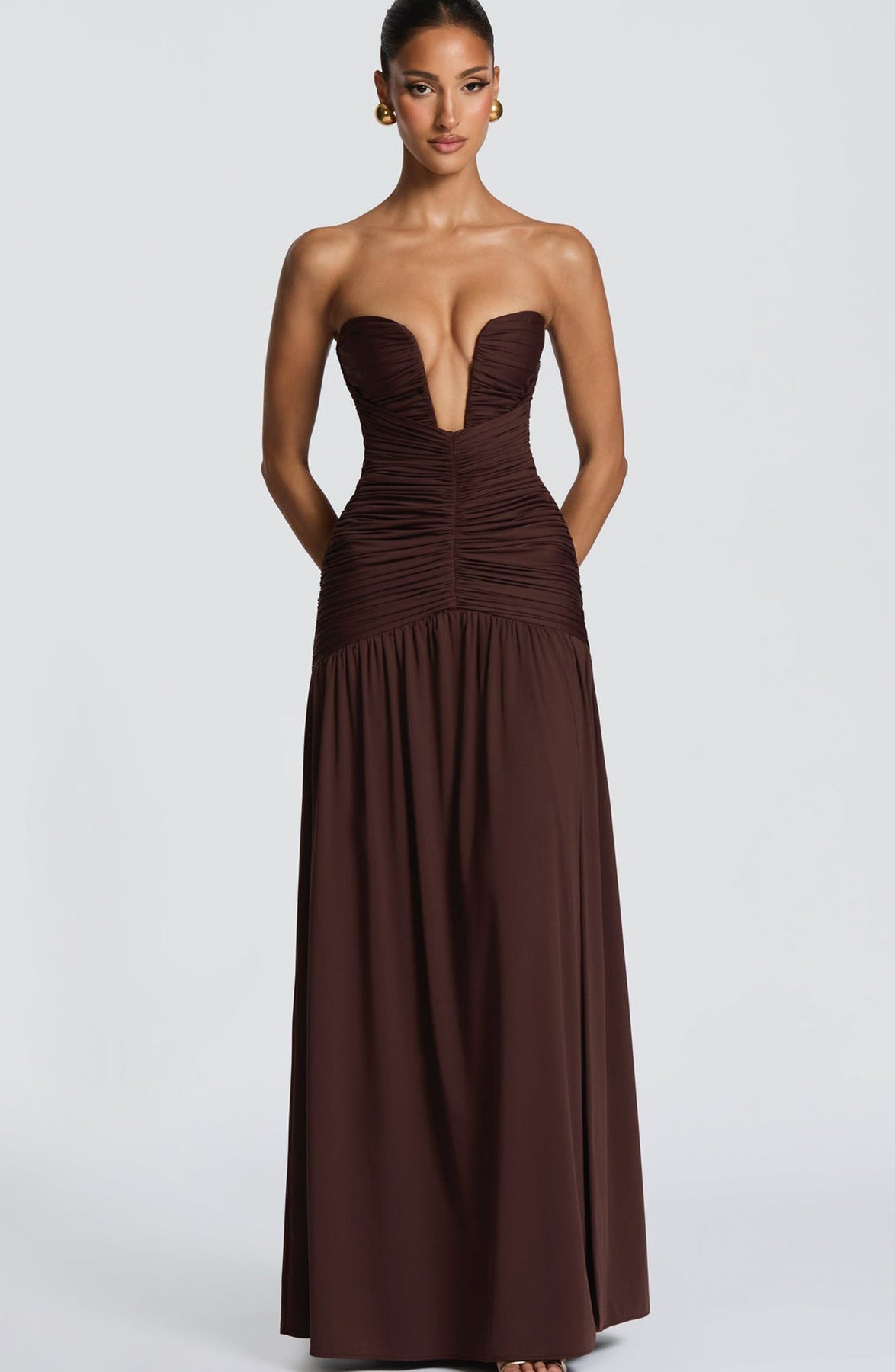 Sorelliane gathered bustier slit maxi dress