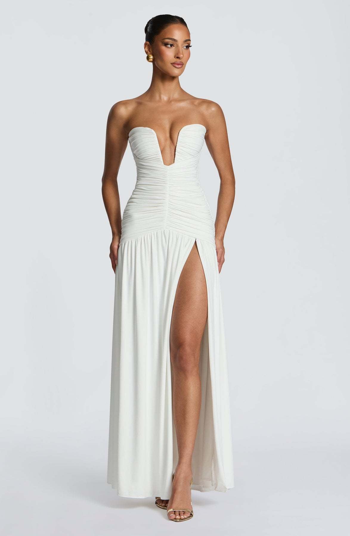 Sorelliane gathered bustier slit maxi dress