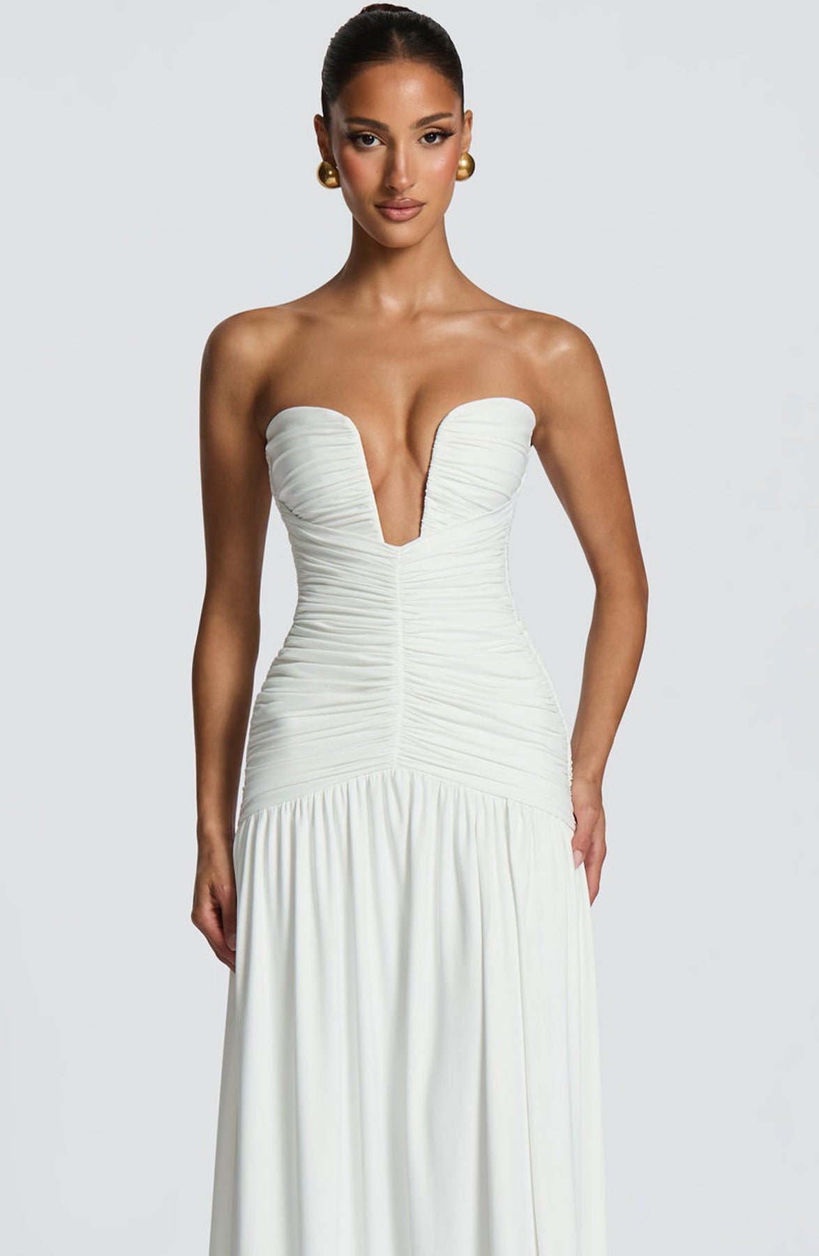 Sorelliane gathered bustier slit maxi dress