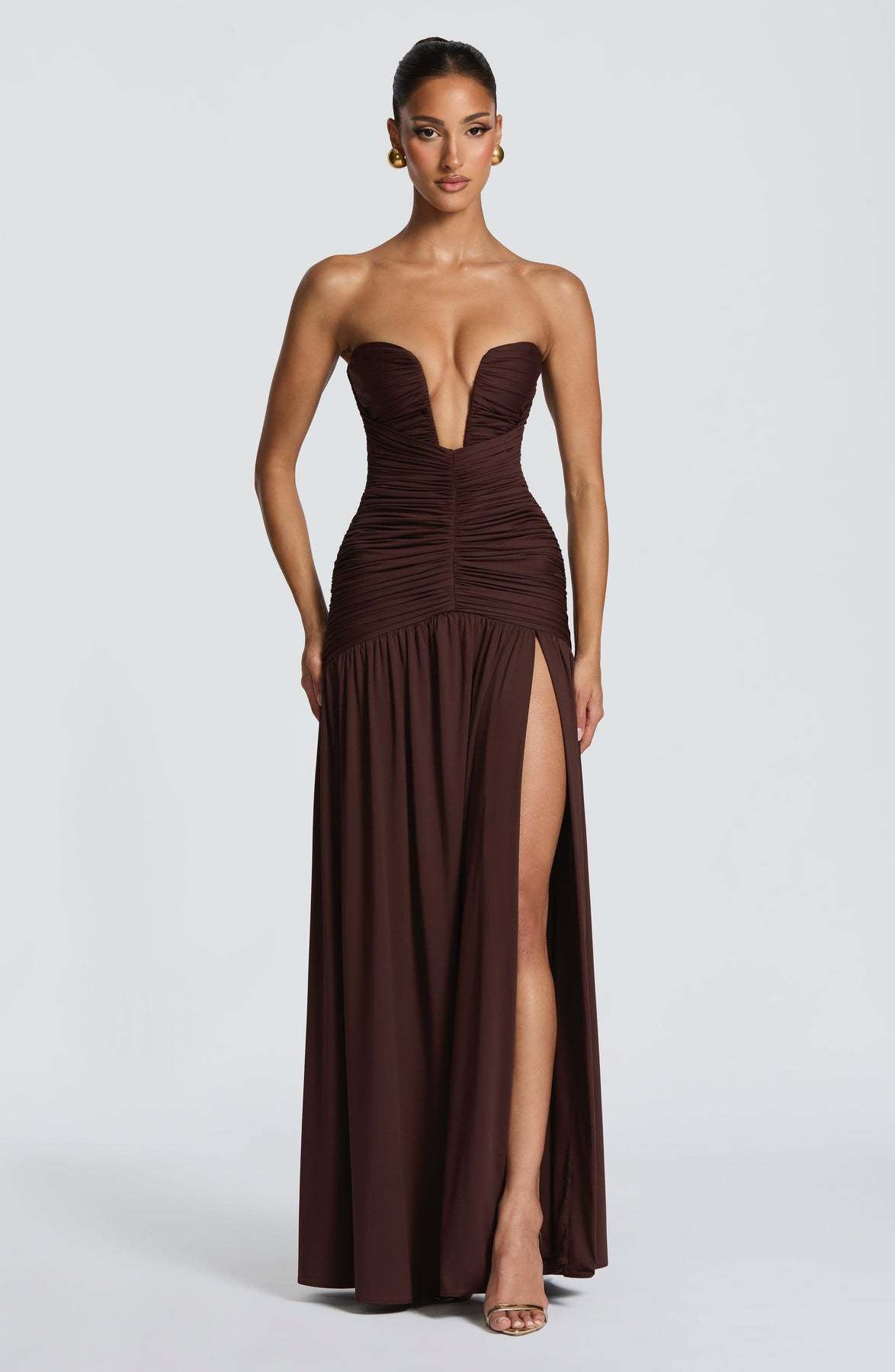 Sorelliane gathered bustier slit maxi dress
