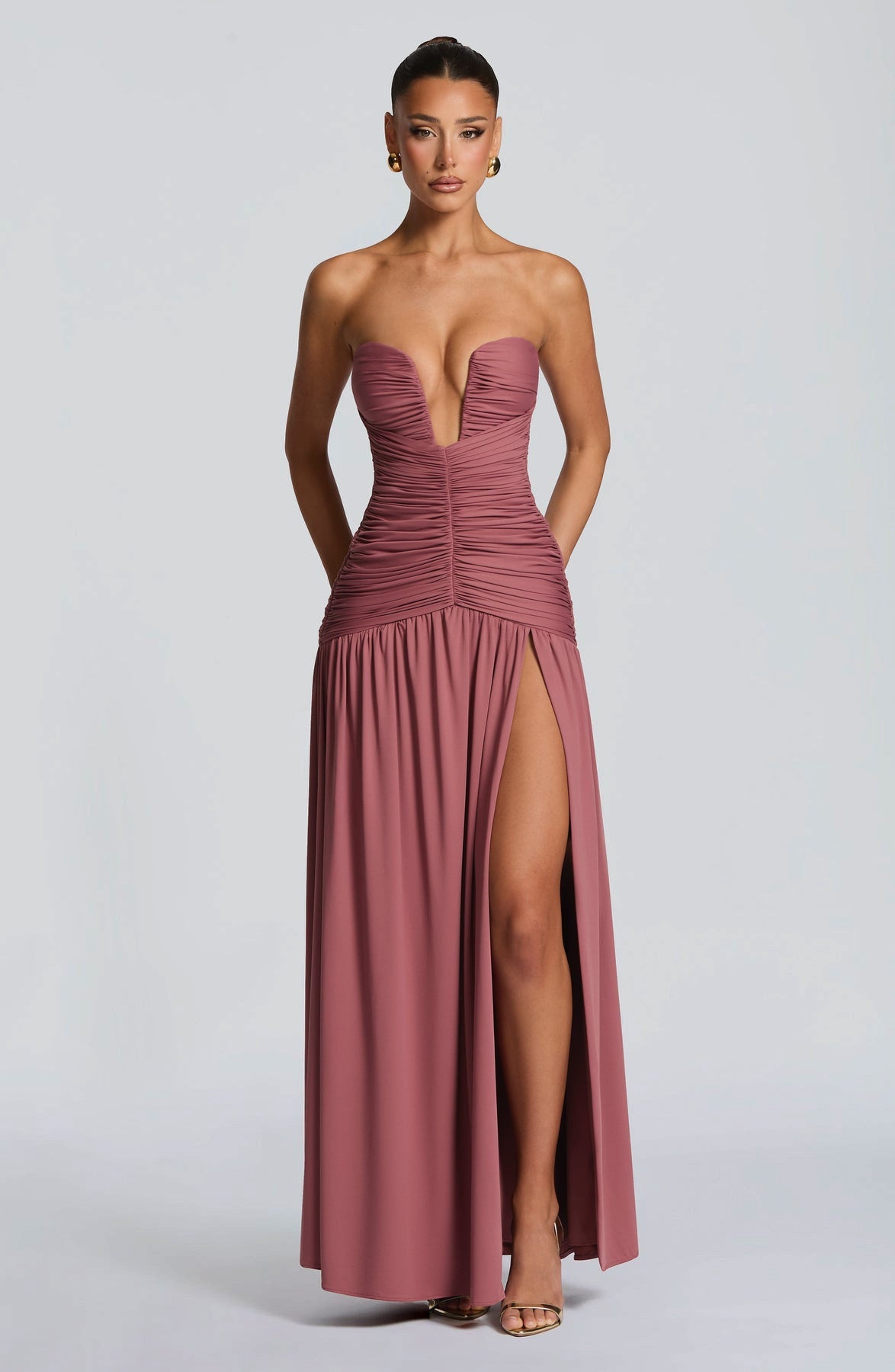 Sorelliane gathered bustier slit maxi dress
