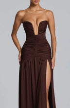 Sorelliane gathered bustier slit maxi dress