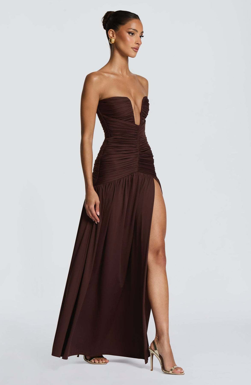 Sorelliane gathered bustier slit maxi dress