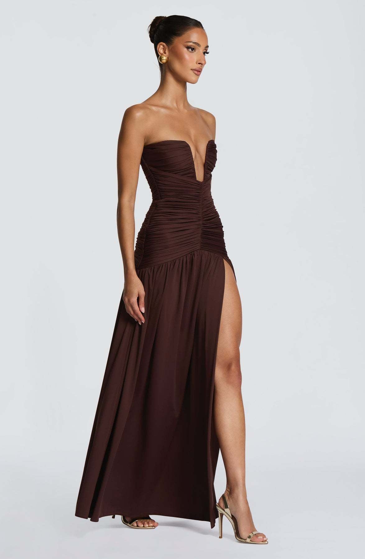 Sorelliane gathered bustier slit maxi dress