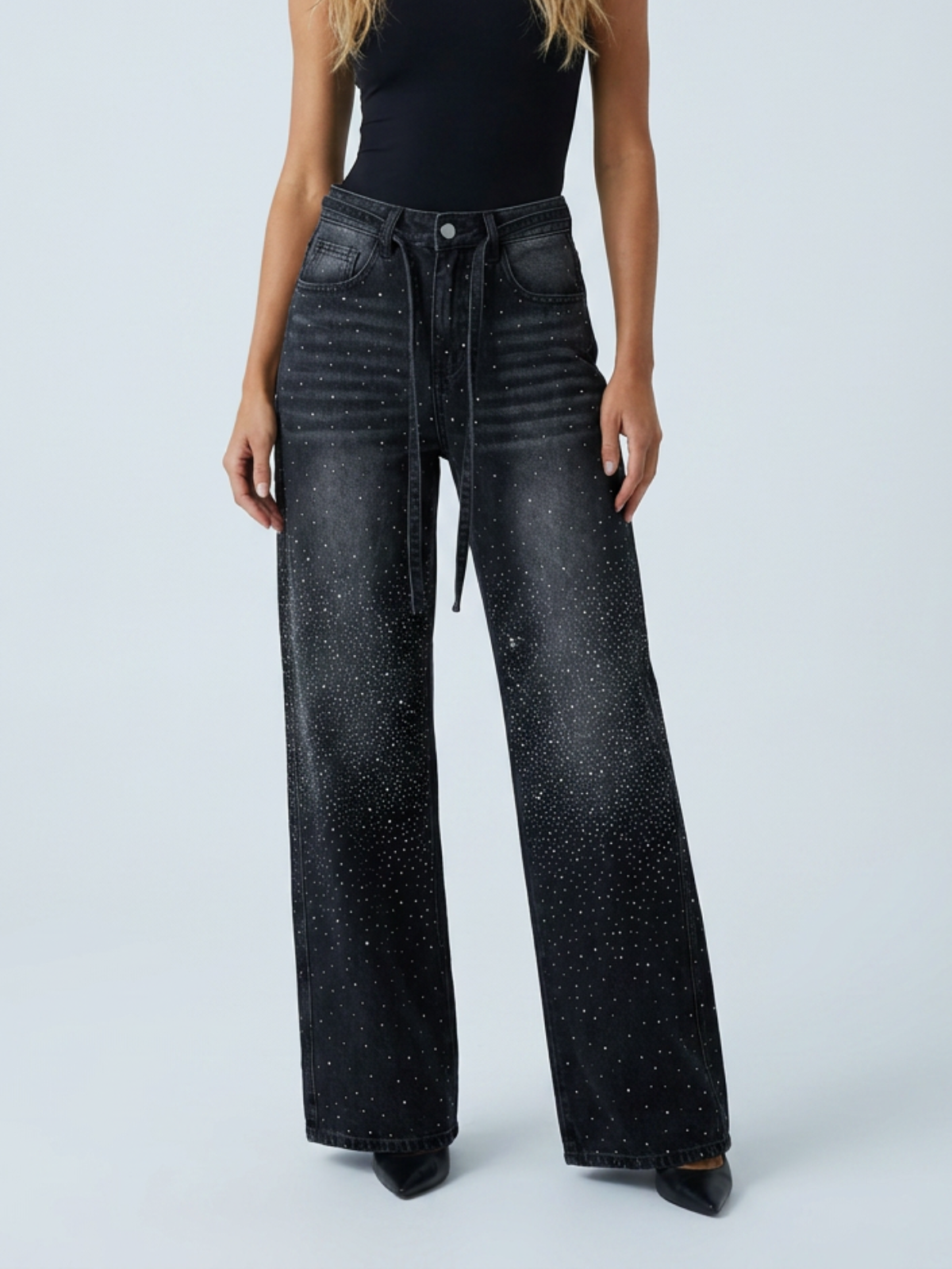 Jeans a gamba larga con strass Celeste